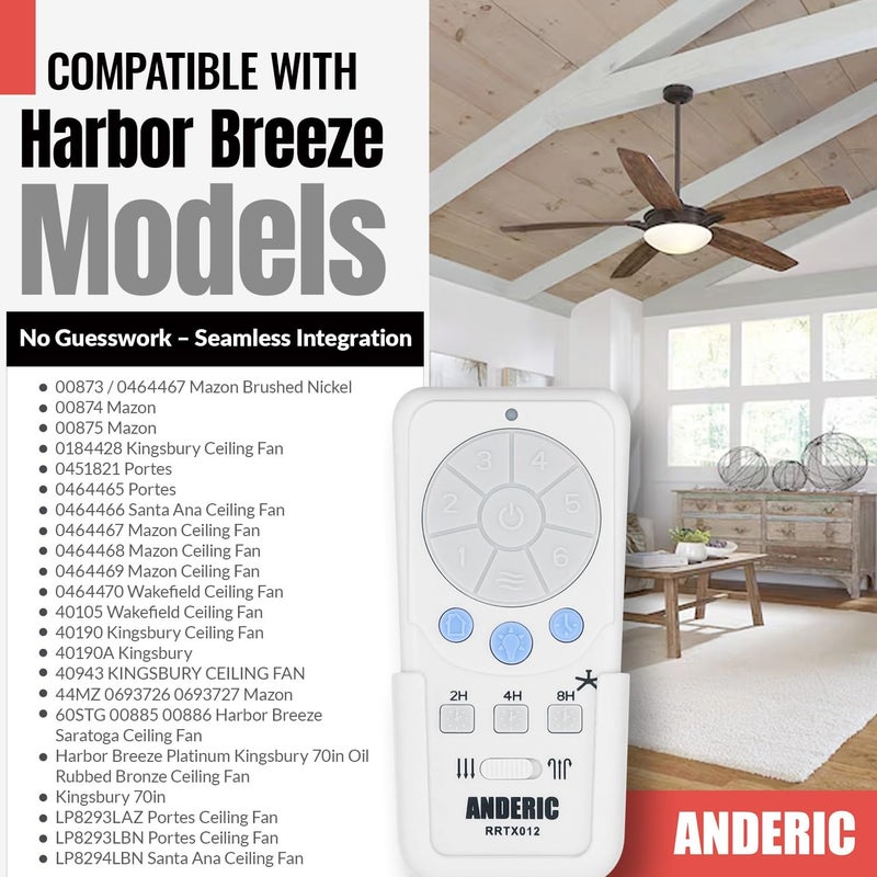 Anderic RRTX012 Replacement Ceiling Fan Remote Control Compatible with Harbor Breeze A25-TX012 A25-TX025 – 6-Speed Fan Control, Light Dimmer, Up & Down Lights, Reverse Airflow, Sleep Timer - Image 2
